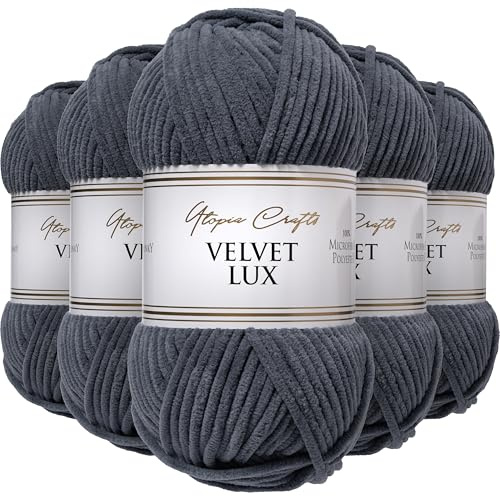 Utopia Crafts Velvet Lux Chenille supermjukt tjockt garn för stickning och virkning 5 x 100 g (skiffergrå)