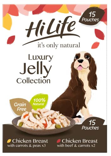 HILIFE it's only natural - Wet Dog Food - The Luxury Jelly Collection - Chicken Breast, Beef, Carrots, Peas - 100% Natural Grain Free, 15 Pouches x 100g