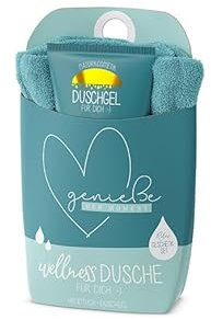 LaVida Relax-Geschenk-Set, Wellness Dusche,Genieße den Moment, Duschgel- zertifizierte Naturkosmetik mit einem Handtuch aus Bio-Baumwolle
