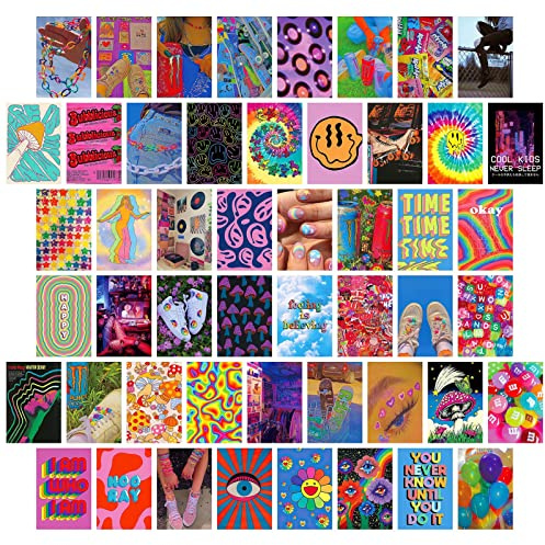 jiuzcare Tarjetas Decorativas de Papel, Set de 50 Postales Decorativas Estilo Y2K Retro Colorido Aesthetic para Decoración de Pared, Habitación, Dormitorio y Collage de Pared, Decoración Pop Art