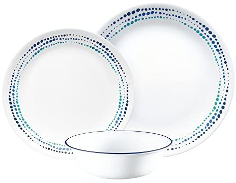 Corelle Dinnerware Set (12pc Set, Ocean Blues)-Dinner Set for 4, Includes 4 x: Plates, Side Plates & Bowls, 3 X More Durable, Half The Space & Weight of Ceramic, up to 80% Recycled Glass (1146815)