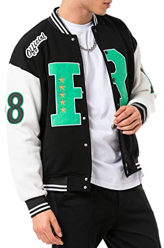 Elegante chaqueta universitaria de aspecto retro, chaqueta deportiva Varsity para ocio y ropa de calle, Negro - Crudo, M