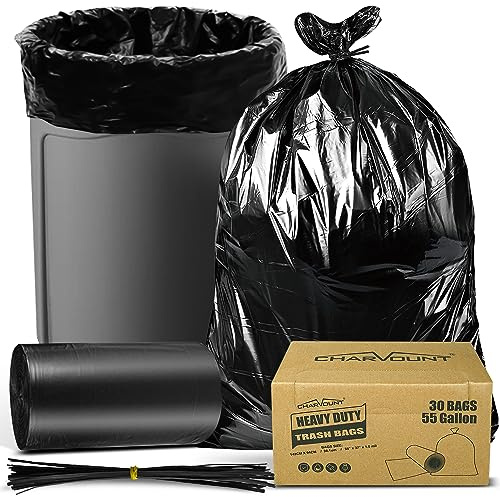 Charmount 55 Gallon Trash Bags,1.5 Mil-37x 56 W/Ties Black Large Heavy Duty Garbage Bags for Outdoor, Yard Work, Lawn & Leaf Bags 30 Count