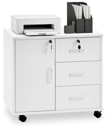 TUKAILAi Lockable Mobile File Cabinet with 3 Drawers 1 Compartment, Rolling Lateral Filing Cabinet for Home Office A4 Letter Size Documents Printer Stand, White