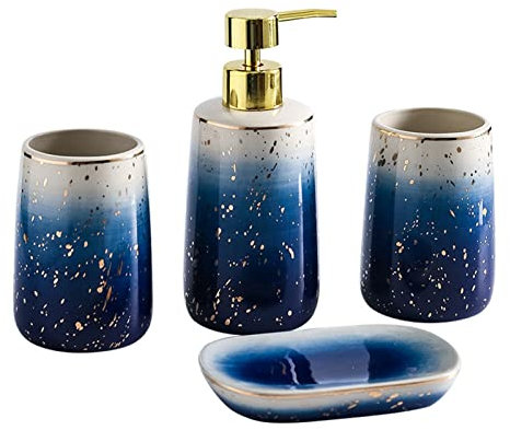 GIBZ Modernes Keramik 4-teiliges Badezimmer Zubehör Set Luxus Arbeitsplatten Zubehör Set Seifenschale, Zahnbürstenhalter, Seifenspender, Badezimmerbecher Blau