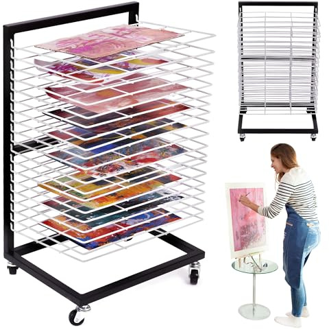 ODOXIA Estante De Secado De Arte Pequeño para Aulas | Estante de Secado de Pintura Portátil y Funcional | 19 Bandejas Extraíbles | Soporte para Lienzos | con Ruedas Art Drying Rack White (Small)