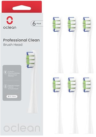 Oclean Testine di Ricambio Professional Clean W06, Adpt per tutte le spazzole elettriche oceaniche per adulti, Setole DuPont ™ certificate dalla FDA, Testa a pennello a forma di W, 6 Pezzi, Bianco
