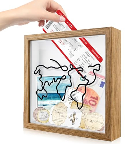 Abenteuer Archivbox | Reise-Sammelbox | Sparschwein aus Holz | 3D Bilderrahmen für Tickets Shadow Box, Sammlung Reisen Erinnerungen Abenteuer Geschenk (Klein - Weiß)