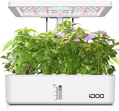 iDOO Hydroponisches Anzuchtsystem, 12Hülsen Indoor Kräutergarten mit Automatisch Timer, Smart Garden mit LED Pflanzenlampe und Ventilato, Höhenverstellbar kräutergarten Set, Weiß