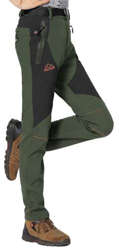 Rdruko Pantaloni da trekking da donna, invernali, impermeabili, in softshell, con calda imbottitura, antivento, per attività all'aperto, verde militare, S