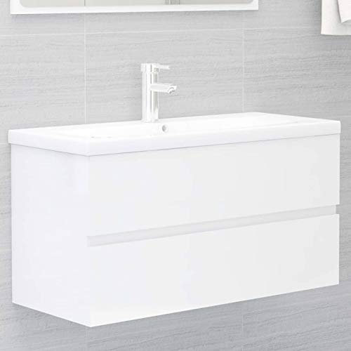 Sufrk Armario para Lavabo aglomerado Blanco Brillante 90x38,5x45 cm Mueble Bajo Lavabo con Pie