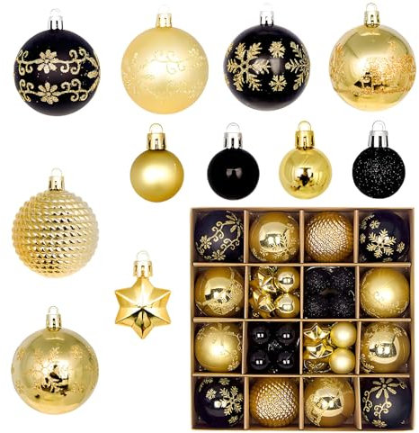 Weihnachtskugeln schwarz Gold,44 Stück weihnachtsdeko weihnachtskugeln Kunststoff, Christbaumschmuck mit Haken für weihnachtskugeln Set,Für weihnachtsbaumschmuck,Hochzeiten,Partydekorationen
