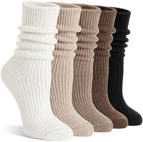 SAVALOS Women Merino Wool Slouchy Boot Socks Warm Winter Thermal Slouch Scrunch Cozy Knit Comfy Hiking Work Gifts Socks 5 Pairs Stocking Stuffers(White/Khaki/Black,Medium)
