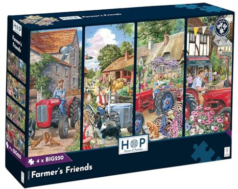 The House of Puzzles Farmer's Friends Jigsaw Set - 4 x BIG 250 Piece Jigsaws For Adults, Multi Puzzle Pack, Artist Illustrated, Deluxe Puzzle Gifts, Sustainably Made