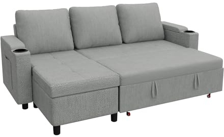 Devoko L-Shaped Corner Sofa Bed with Storage, 3-Seater Pull out Convertible Foldable Sleeper, Modern Settee with Cup Holders, Grey Sofabed for Living Room & Bedroom