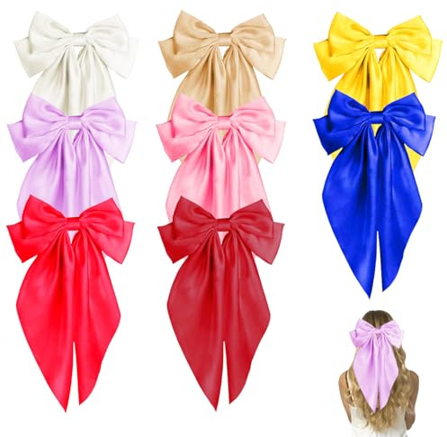 GWAWG 8PCS Oversized Satin Hair Bows,Long Tail Ribbon Giant Bow Clips,Fabric Bow Hair Barrettes,Soft Satin Silky Hair Bows,Hair Accessories Bowknot for Women Girls