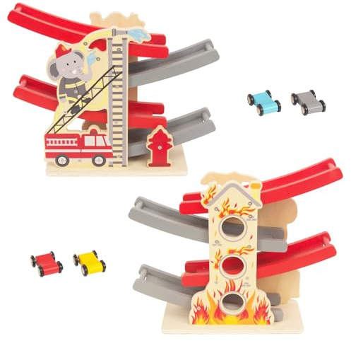 WoodenFun Pista de bolas de madera para coches de bomberos, juguete de motricidad, rampa, coche, pista de carreras, juguete de madera para niños pequeños, juguete de carreras, regalo a partir de 1, 2