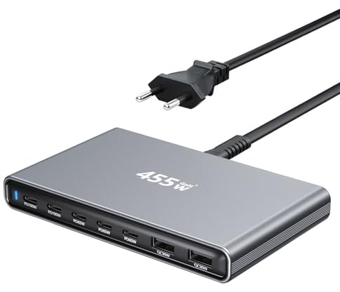Caricatore USB C, 455W 7 porte caricatore USB, caricatore multiplo, caricatore rapido, caricatore GaN PD PPS, alimentatore compatibile con MacBook Pro/Air/Dell/iPhone/Galaxy/Laptop/Tablet/Mobile