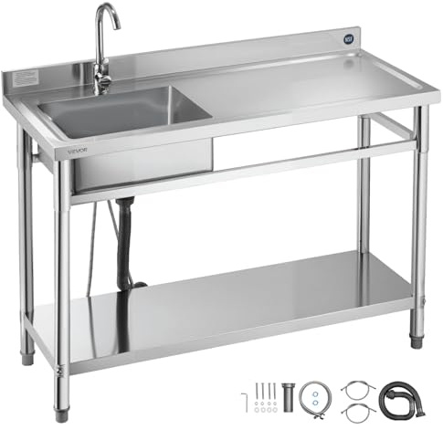 VEVOR Stainless Steel Utility Sink, Free Standing Single Bowl Commercial Kitchen Sink with Faucet, Utility Right Basin Workbench with Hot & Cold Water Pipe for Garage Restaurant Laundry, 47x19.7x37 in
