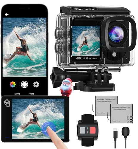 Camlance 4K60FPS Cámara Deportiva con Pantalla Táctil,48MP WiFi Camara Acuatica,40M Cámara Subacuática,EIS 170° Camara Acción con Mando, Micrófono y 2 Baterías.