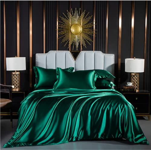 Luofanfei Bettwäsche 135x200 cm 4teilig Grün Dunkelgrün Satin Glänzend Einfarbig Bettwäsche Set Seide Glatt Luxus Uni Microfaser Bettbezüge Einzelbett mit Reissverschluss und Kissenbezüge 80x80