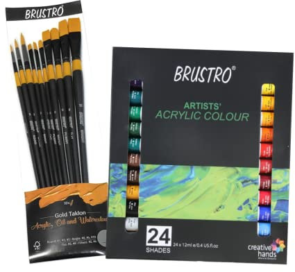 BRUSTRO Acrylic Paint Set of 24, Multicolour 12ml Tubes with Gold Taklon Brush Set of 10 | Ideal for Paper, Canvas, Water-based Colours, Non-toxic, Inter-mixable Colors, Crafters, Fine Art Students