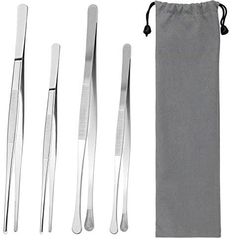 4 Pcs Kitchen Tweezers for Cooking, AHIER 12” and 10” Stainless Steel Food Tweezers Set, Long Cooking Tongs Chef Tongs for Sea food, Bar