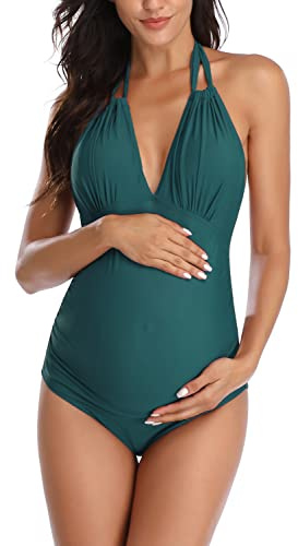 EastElegant Trajes de baño de maternidad de una pieza con cuello en V, bikini de maternidad estilo halter, Azul (Peacock Blue), XS
