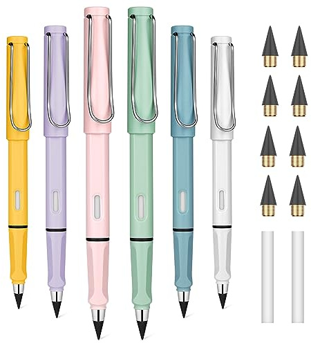 OFFCUP Ewiger Bleistift Metall, 6 Stück Tintenlose Bleistifte Ewig, Unendlicher Bleistift mit Radiergummi, Magischer Bleistifte mit Wechselkopf Magic Pencil Infinity für Erwachsene Studenten -Macaron