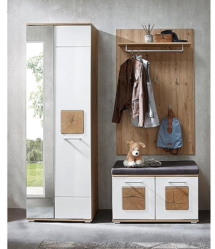 Lomadox Garderoben-Set 3-teilig in braun mit weiß | Flurgarderobe in Eiche mit weiß Hochglanz | Garderobenschrank, Garderobenpaneel, Flurbank