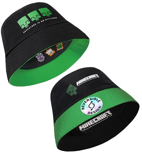 Minecraft Boys Bucket Hat, Sun Hat for Kids Beach Summer Holiday Essentials - Gifts for Gamers (Black/Green Reversible)
