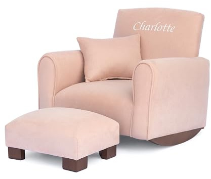 Toddler Personalized Armchair, Kids Upholstered Rocking Chair with Personalization, Toddler Chair with Personalized Name, Comfy Child Armchair, (Blush Suede, Rockers)