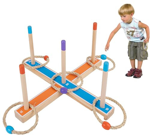 Jeu de Lancer d’Anneaux,Loisir d’agilité pour Petits et Grands,Jeux Exterieur pour Enfant et Adulte,5 Pièces Lancer des Anneaux en Bois,Deux Formes Jouant Ensemble Quoits de Jardin