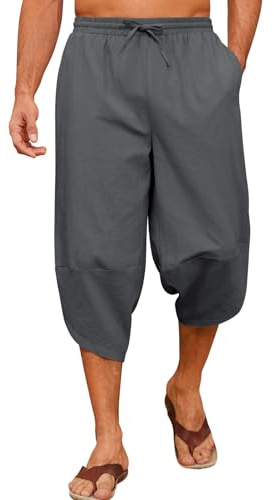 Yuson Girl Pantalon 3/4 Homme Été Pantalon Harem en Coton Respirant Pantalon Décontractés de Plage Léger Casual Yoga Pants avec Cordon Elastique Taille et Poches