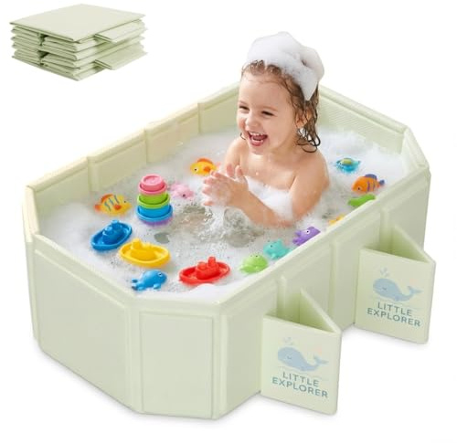 Bañera plegable portátil para bebés de 0 a 6 años, modelo infantil para ducha y viaje, diseño para niños con 4 patas estables y doble drenaje, fácil de guardar, verde