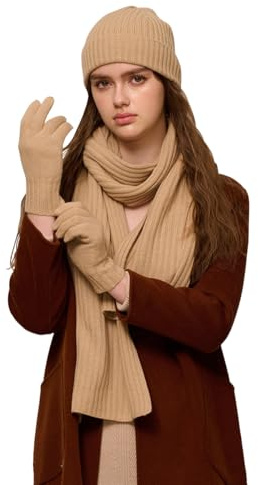 Inverno 100% Lana Merino Cappello Sciarpa Guanti Set per Uomo Donna, Morbido Caldo Berretto Cuffed Beanie in Maglia, Sciarpe Lunga e Guanto a Dita Intere Set 3 in 1 per Sport Sci Regalo Camel
