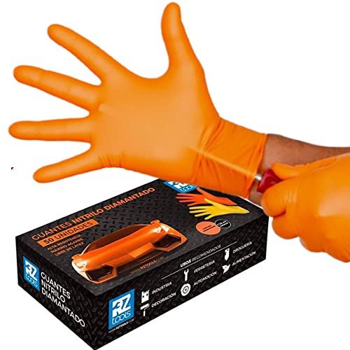 RZ TOOLS Guantes de Nitrilo Desechables Naranja | Guantes Extra Gruesos con Textura Diamante | Guantes para Taller y Montaje de Alta Resistencia Desechables | Tamaño S, L, M y XL (50, XL)