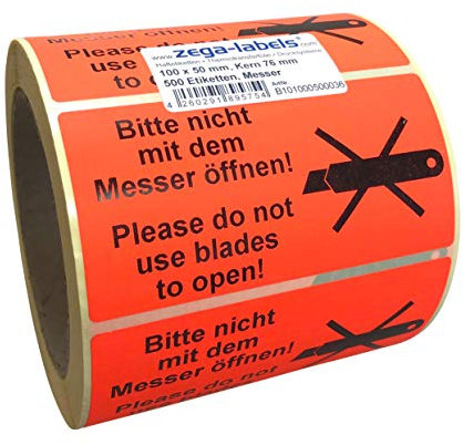 Warnetiketten auf Rolle - Bitte nicht mit dem Messer öffnen (mit Cutter Abbildung) - 500 Stück je Rolle - 100 x 50 mm - Leuchtrot Haftpapier stark haftend - Versandaufkleber