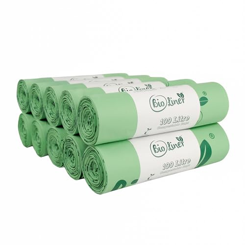 100L x100 Heavy Duty Compostable Food Waste Sacks - BioLiner Food Waste Bin Liners - EN 13432 - Compost Bags with Composting Guide - 100 Litre