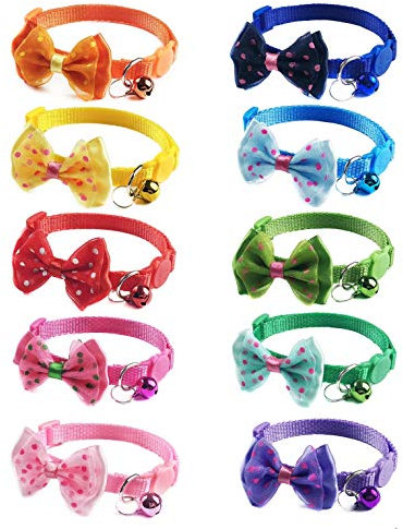JZK 10 x Quick Release Cat Collar With Bell and Bow Tie, Multi Colors Breakaway Collars With Safety Release Buckle, for Cats and Small Size Dogs