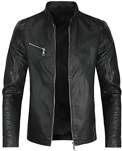 Sliktaa - Chaqueta de cuero sintético para hombre, ecológica, de invierno, de cuello alto, de entretiempo, acolchada, tipo motero, piloto, con cremallera, informal, moderna, clásica, Negro B, XL