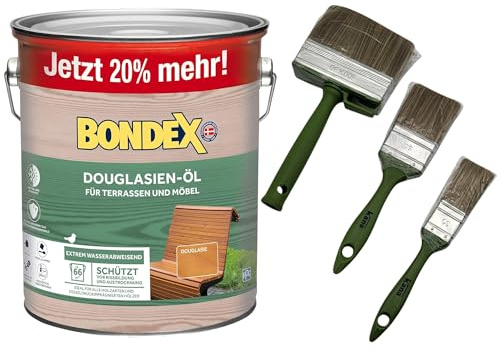 zbs24 Bondex Douglasien Öl 3 Liter, für Terrassendielen und Möbel, exellenter Wetter-und UV-Schutz, Schützt und Pflegt Hölzer im Aussenbereich inkl. 3 teiligem Pinselset