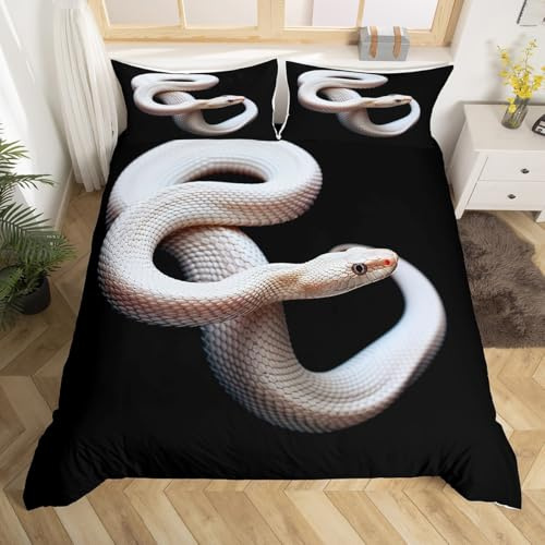 White Snake Bedding Set for Adult,3D S-Shaped Little Dragon Reptile Duvet Cover King,African Wildlife Tropical Desert Animals Comforter Cover,Snake Hide Quilt Cover Wild Animal Skin Exotic Decor Black