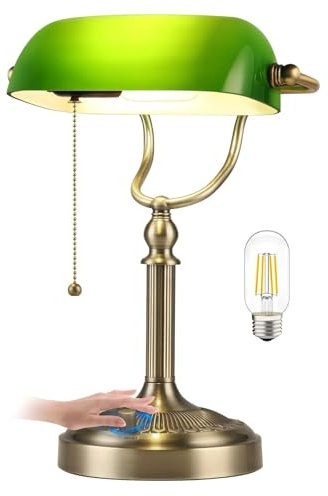 Newray Lampada da scrivania da banchiere in vetro verde, lampada da tavolo dimmerabile continua, apparecchio per studio, ufficio, lampadina a LED inclusa