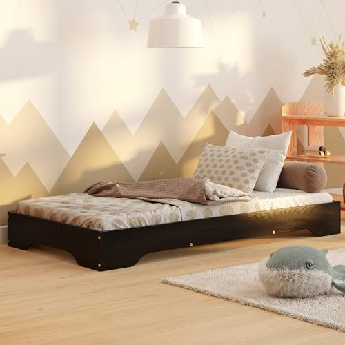 smartwood Barnsäng 70x140 Svart - Golvsäng i furu med FSC-certifierat trä - Montessorisäng med böjd ribbotten upp till 230 kg för pojkar och flickor - Enkel montering - TILA 7
