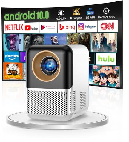 【Fernbedienung Fokus】 Mini Beamer 1080P Android 10.0 Wandprojektor mit Lautsprecher, Netflix, Auto-Fokus 2+16GB TV Beamer Bluetooth