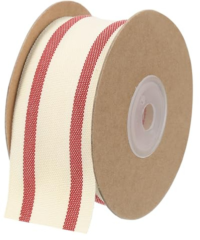 QUARKZMAN Natural Algodón Rayas Cinta 3,8 cm x 9,1m Algodón Tela Cinta Rollo Natural con Rojo Grosgrain Cinta para Regalos Envoltura DIY Manualidades Lazos Fabricación Decoración