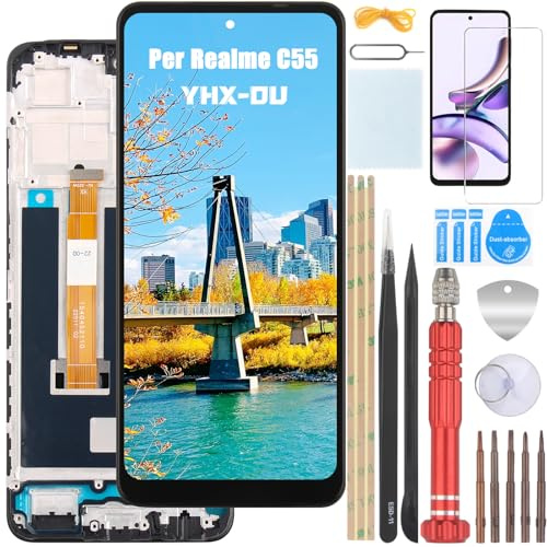 YHX-OU 6,72 tum svart ram display för Realme C55 RMX3710 LCD-skärm pekskärm Digitizer Assembly glas med verktyg 1 styck skyddsfilm