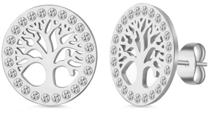 Dreamtimes Árbol de la vida pendientes para mujeres de acero inoxidable color oro claro Zircon Pendientes redondos Árbol de la familia Pendiente Moda Encanto Joyería de lujo Regalo de boda (Plata)