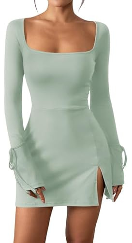 Haibang Robe Moulante à Manches Longues pour Femmes Sexy Mini à Col Carré Élégante Bodycon Dress Chic Et Glamour pour Soirée Cocktail Party Fête Club Bal Décontractée